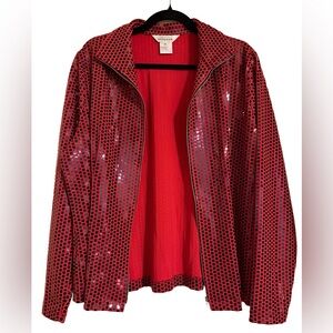 Misook Red Sequined Knit Bomber Jacket